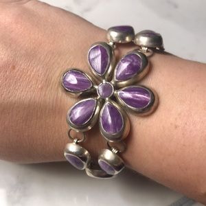 Spiny oyster & charoite statement sterling silver bracelet